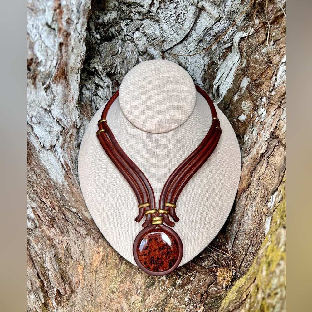 Leather Mahogany Obsidian Stone Necklace